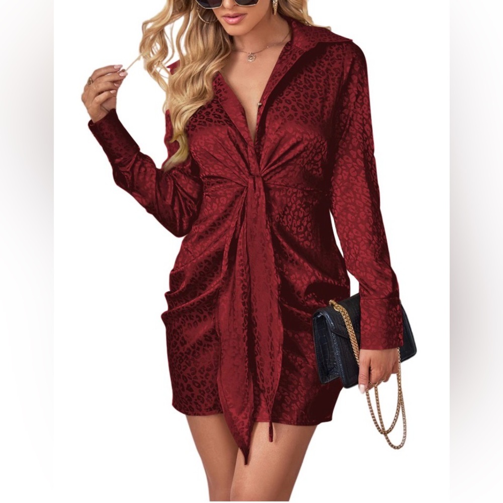 LYANER Leopard Satin Deep Collar V Neck Tie Front Long Sleeve Mini Party Dress